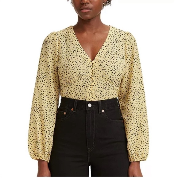 LEVIS SOPHIA Puff Balloon Sleeve Blouse Butter Yellow Floral V Neck Empire Waist - Picture 1 of 13